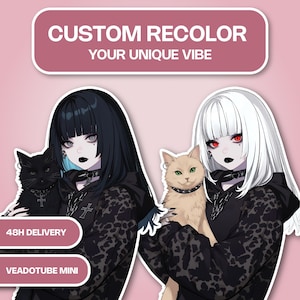 May include: An anime-style illustration featuring two characters, one with black hair and the other with white hair, each holding a cat. The image includes text that reads "CUSTOM RECOLOR YOUR UNIQUE VIBE" and "48H DELIVERY".