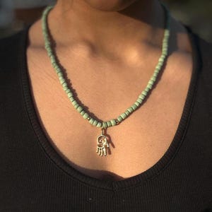 Green Recycled Java Beads Vintage Inspired Necklace With Gold plated Hamsa Hand Charm - Unisex necklace - Spring Gift