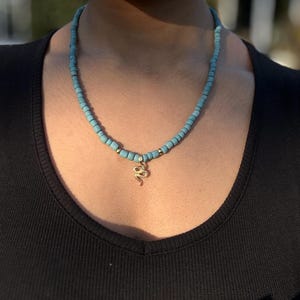 Blue Recycled Java Beads - Vintage Inspired Necklace With Gold plated Snake Charm - Unisex necklace - Spring Gift