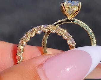 3 CT Oval Cut Hidden Halo Moissanite Engagement Ring Set 14K Solid Gold Half Eternity U-Prong Bridal Set