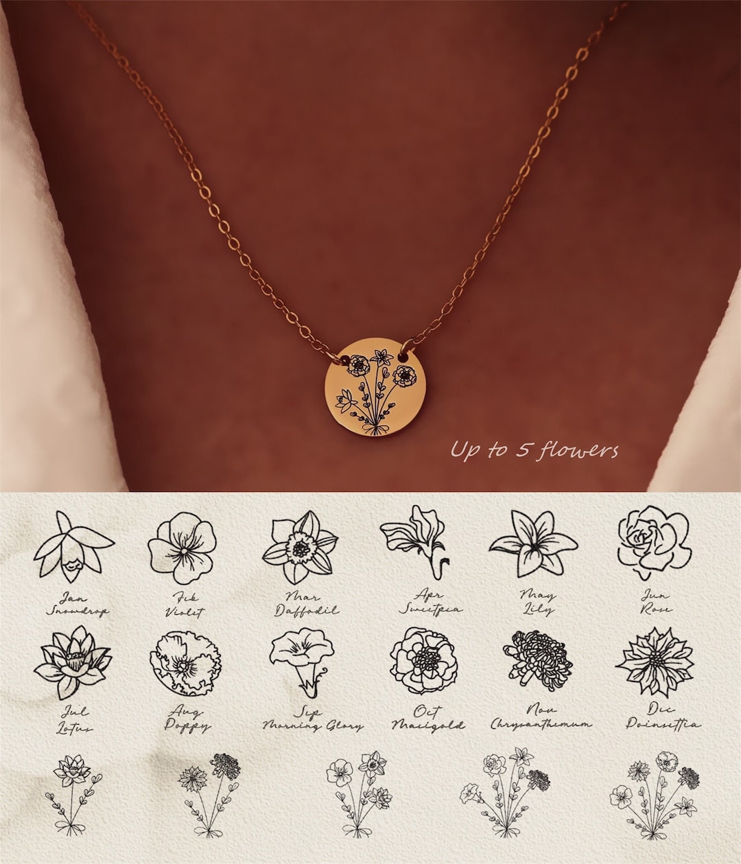 Combined Birth Flower Bouquet Necklace,Gifts for Women,Flower Necklace,Handmade Jewelry,Mom Christmas Gift,Personalized Gifts for Her
