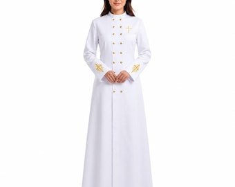 Women's White Clergy Cassock Robe with Gold Embroidery | Deaconess Church Vestment | Minister & Bishop Religious Robe