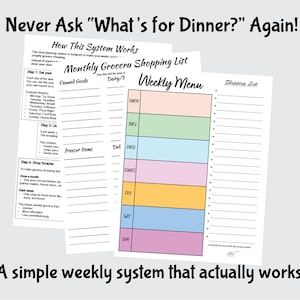 May include: A meal planning system with the text "Never Ask 'What's for Dinner?' Again!" and "A simple weekly system that actually works." The system includes a weekly menu, a grocery shopping list, and instructions.