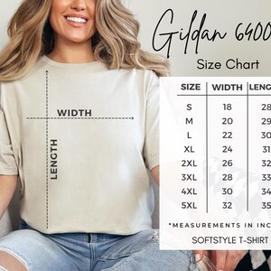 May include: A woman wearing a beige Gildan 64000 Softstyle t-shirt. A size chart shows measurements in inches for sizes S to 5XL, with widths from 18 to 32 inches and lengths from 28 to 35 inches. The chart is labeled "Size Chart."