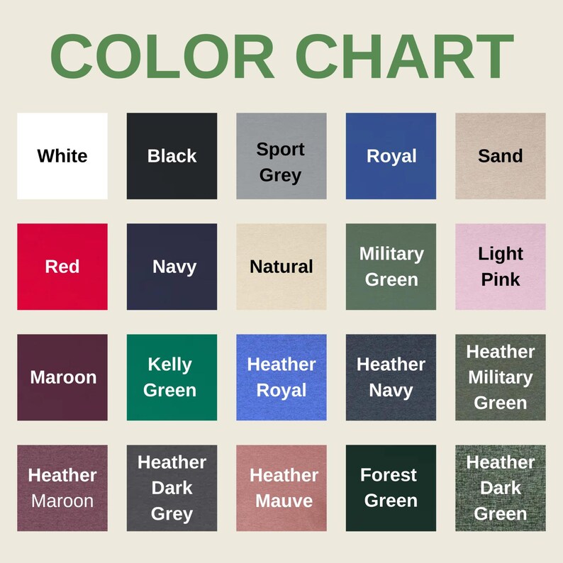 May include: A color chart with the text "COLOR CHART" at the top. The chart displays a grid of color swatches, each labeled with a color name, including White, Black, Red, Navy, Maroon, Kelly Green, Heather Maroon, and Heather Dark Grey.