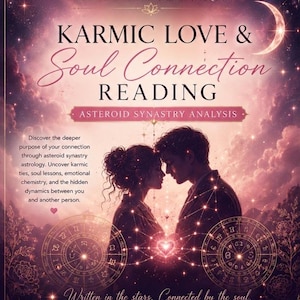 May include: An illustration for Celestial Readings Boutique featuring the text "Karmic Love & Soul Connection Reading." The image shows a couple in silhouette, connected by glowing lines and astrological symbols, with a crescent moon in the background.