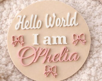 Placa personalizada con el nombre del bebé / Letrero de anuncio de nacimiento "Hola Mundo"