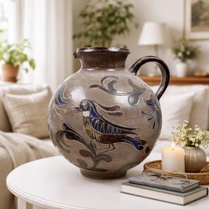 Peut inclure: Une grande cruche en céramique ronde avec une anse et un bord marron foncé. La cruche est de couleur grise sourde avec une illustration détaillée d'un oiseau et de feuillage dans des tons de bleu, marron et gris. La cruche est sur une table blanche.