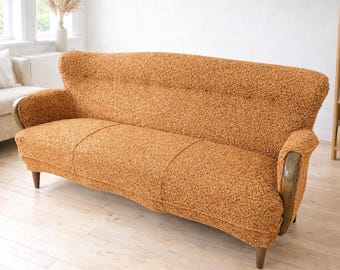 Vintage Scandinavian Bouclé Sofa, Curved 3 Seater