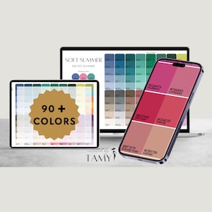 Może przedstawiać: Cyfrowa prezentacja palety kolorów, obejmująca tablet, laptop i smartfon. Tablet wyświetla "90+ COLORS" w złotej eksplozji. Laptop pokazuje "SOFT SUMMER" i próbki kolorów. Smartfon wyświetla nazwy i kody kolorów.