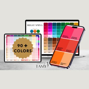 Pode incluir: Um design digital com uma paleta de cores exibida em um tablet, laptop e smartphone. O tablet mostra "90+ COLORS" em uma estrela dourada. O laptop exibe "BRIGHT SPRING" e uma tabela de cores. O smartphone mostra um gradiente de tons vermelhos e laranja.