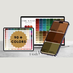 Pode incluir: Uma exibição digital de um guia de paleta de cores para "Dark Autumn" com um tablet e um telefone. O tablet exibe "90+ COLORS" em uma estrela dourada. O telefone mostra amostras de cores com códigos hexadecimais. Um laptop exibe uma paleta de cores.