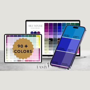 Può includere: Una palette di colori digitale per l'Inverno Vero (Inverno Freddo) con oltre 90 colori. La palette è visualizzata su un tablet, un laptop e uno smartphone. Lo smartphone mostra una sfumatura di tonalità blu.