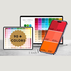 Può includere: Una presentazione digitale di palette di colori su tablet, laptop e smartphone. Il tablet mostra una tabella colori con un'esplosione dorata che recita "90+ COLORS". Il laptop mostra "TRUE SPRING" e una palette di colori. Lo smartphone mostra una sfumatura di tonalità rosse e arancioni.