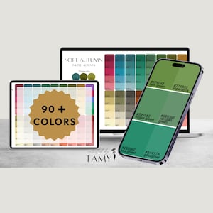 Pode incluir: Uma exibição digital de um guia de paleta de cores para tons "Soft Autumn". A imagem mostra um tablet, um laptop e um smartphone exibindo amostras de cores. O tablet exibe "90+ CORES". O smartphone mostra amostras de cores verdes com códigos de cores.