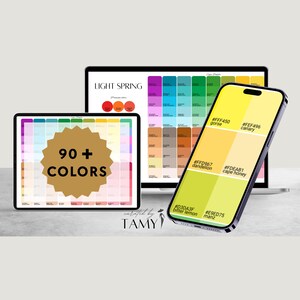 Peut inclure: Une palette de couleurs numérique affichée sur une tablette, un ordinateur portable et un smartphone. La tablette affiche "90+ COLORS" dans une étoile dorée. Le téléphone affiche des échantillons de couleurs avec des codes hexadécimaux. L'ordinateur portable affiche "LIGHT SPRING".
