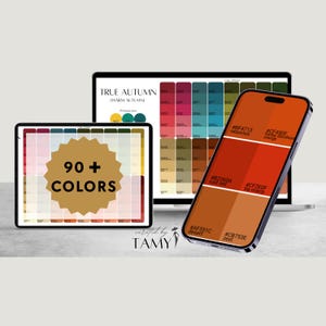Pode incluir: Uma tela de paleta de cores digital com o texto "TRUE AUTUMN" e "90+ COLORS". Um smartphone mostra uma amostra de cores com o texto "vesuvius", "rust red", "desert", "tia maria", "orange" e "zest".