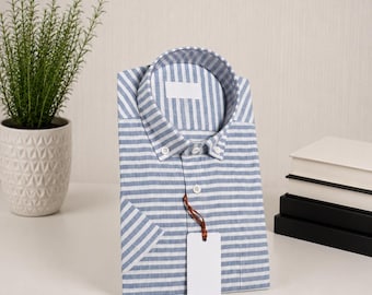 Men's Light Blue Striped Short Sleeve Cotton Shirt Handmade Classic Summer Casual Button Down