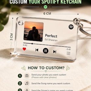 Puede incluir: Un llavero Spotify de acrílico transparente, de 3 cm x 6 cm, con una foto de una pareja al atardecer y los detalles de la canción "Perfect" de Ed Sheeran. El llavero incluye el texto "CUSTOM YOUR SPOTIFY KEYCHAIN" e instrucciones de personalización.