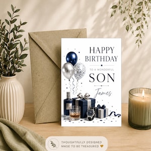 Puede incluir: Una tarjeta de felicitación de cumpleaños rectangular con el texto HAPPY BIRTHDAY TO A WONDERFUL SON James. El diseño incluye globos azul marino y plateados, una botella de licor, un vaso con líquido ámbar, regalos y un reloj de pulsera.