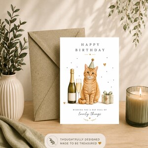 May include: A white birthday greeting card featuring an orange tabby cat wearing a party hat, a champagne bottle, a glass of champagne, and a gift box. The text reads HAPPY BIRTHDAY and WISHING YOU A DAY FULL OF lovely things with small gold hearts.