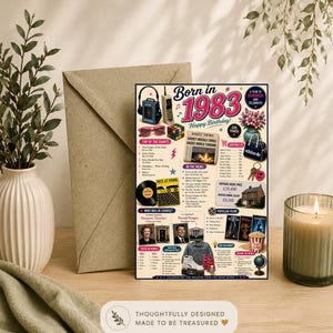 May include: A rectangular birthday card titled Born in 1983 featuring colorful illustrations of 1980s icons including a cassette player, Rubik's cube, vinyl record, and newspaper headline. The card displays historical facts, popular music, films, and economic data from 1983 with pink, blue, and yellow accents on a cream background.