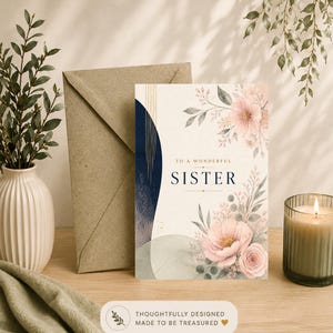 May include: A greeting card with a cream background featuring pink floral illustrations, a dark blue abstract shape, and gold line accents. The text reads TO A WONDERFUL SISTER in dark blue lettering. A matching brown envelope is positioned behind the card.