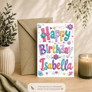 Puede incluir: Una tarjeta de felicitación de cumpleaños rectangular con el texto Happy Birthday Isabella en letras coloridas, estampadas y con estilo de costura. El diseño incluye pequeños botones decorativos, corazones y motivos florales sobre un fondo blanco.