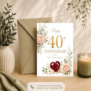 40-årsjubileumskort, rubinröd bröllopshälsning, blomsterminnesmärke