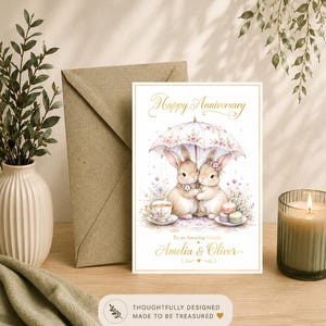 May include: An anniversary greeting card featuring two illustrated rabbits under a floral umbrella, with a teacup and macarons. The text reads Happy Anniversary, To an Amazing Couple, and the names Amelia & Oliver in elegant gold script lettering.