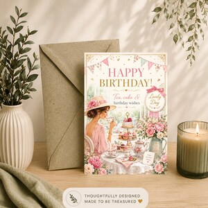 May include: A rectangular birthday greeting card featuring a woman in a pink dress and sun hat drinking tea at a table with cakes and flowers. The text reads HAPPY BIRTHDAY! Tea, cake & birthday wishes and Lovely Day. The card has pink bunting.