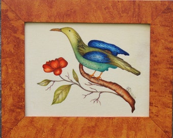 Noreen  Taylor Theorem Painting Bird in Green on Maize colored Velvet 9" x 11" Green Frame