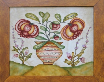Theorem Two Fracktur Flowers on Mound by Early American Artisan Noreen Taylor 12 x 10