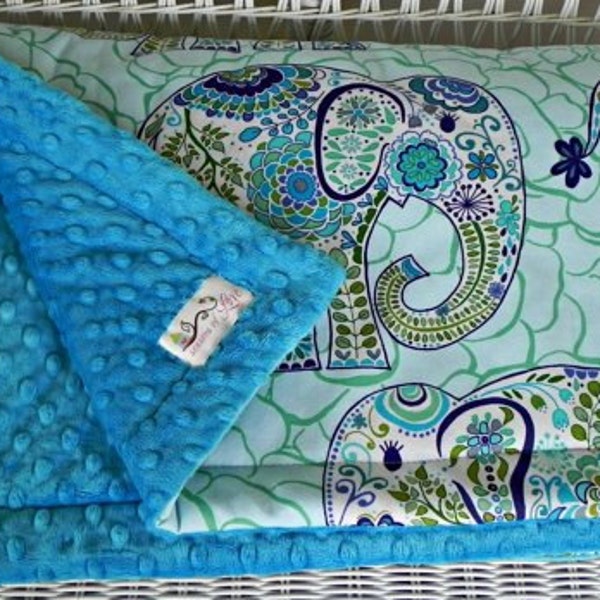 Elephant Toddler Minky -  Large Elephants Blue Fabric & Dark Turquoise Minky - MADE TO ORDER