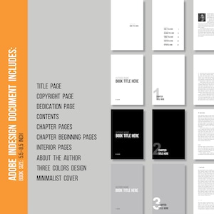 May include: An Adobe InDesign document template for a 14 x 21.6 cm book, featuring a minimalist cover, title page, copyright page, dedication page, contents, chapter pages, chapter beginning pages, interior pages, and an about the author page.
