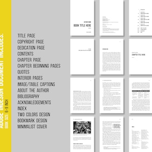 Può includere: Un modello di design di libro minimalista con sfondo grigio e pagine bianche. Il design include pagine di titolo, copyright e capitolo, oltre a didascalie di immagini e un design di segnalibro. Le dimensioni del libro sono 15-23 cm.