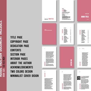 May include: A layout of book pages with a minimalist design. The pages are white with black text and pink accents. The book size is 5.5 x 8.5 inches. The design includes a title page, copyright page, and section pages.