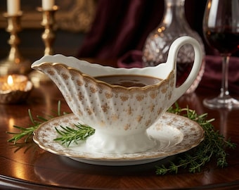 Spode BONE CHINA Gold Fleur De Lys Dishes - Gravy Boat w/Attached Underplate