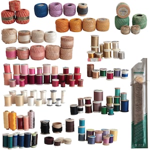 May include: A large collection of assorted sewing threads and crochet cottons in various colors, textures, and spool sizes. The assortment includes wooden, plastic, and cardboard spools, along with a single retail package of Madeira thread.