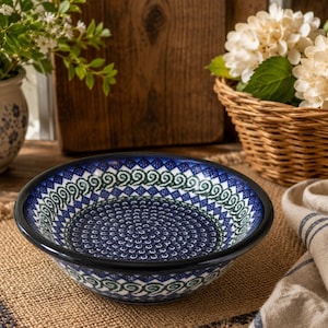 Vintage Polish Pottery Blue & Green Geometric Serving Dish, Soup Bowl, Cereal Bowl Handmade 9"