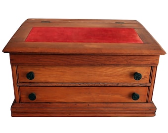 Early 1900s Oak 2-Drawer Slant Lid Sewing Desk Cabinet Household Cabinet Works RI — Free Ship to lower 48