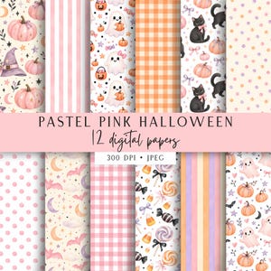 May include: A collection of twelve digital papers featuring pastel pink Halloween patterns including ghosts, pumpkins, black cats, bats, candy, polka dots, stripes, and gingham checks. The text reads PASTEL PINK HALLOWEEN 12 digital papers 300 DPI JPEG.
