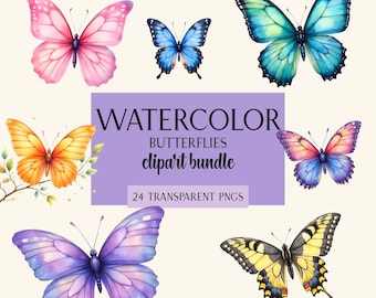 Pacchetto di clipart di farfalle ad acquerello, 24 PNG trasparenti, uso commerciale, stile boho floreale, download digitale, scrapbooking, creazione di biglietti