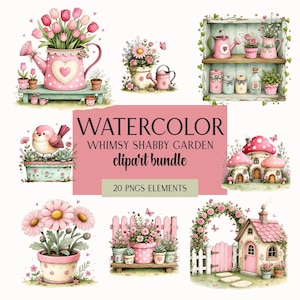 May include: A digital collection of watercolor illustrations featuring pink and green garden elements, including tulips in a polka-dot watering can, mushroom houses, floral pots, a garden shelf, and a cottage with a rose arch, labeled WATERCOLOR WHIMSY SHABBY GARDEN clipart bundle 20 PNGS ELEMENTS.