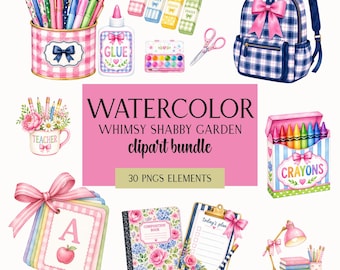 Pacchetto di clipart PNG per il ritorno a scuola, clipart di insegnanti in stile preppy ad acquerello, fiocco e nastro civettuolo, download digitale