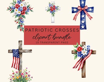 Pacchetto di clipart per il 4 luglio, download digitale a tema fede, clipart con croce, clipart ad acquerello