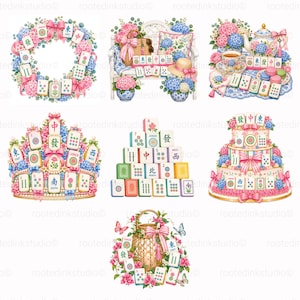 Op de afbeelding: Een verzameling van zeven digitale illustraties met mahjongtegels ge&iuml;ntegreerd in roze en blauwe hortensia bloemstukken, roze linten, theeserviezen, een taart met lagen, een kroon, een tuinbank en een gevlochten mand met vlinders.