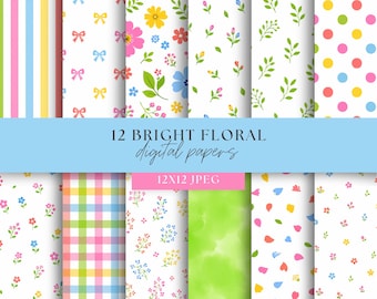 Carte digitali floreali acquerellate dai colori vivaci, formato 12x12, per scrapbooking, creazione di biglietti e junk journal.