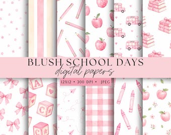 Pink Back to School Digital Paper Bundle | Watercolor School Patterns | Apples, Bows, Books, School Bus & ABC Blocks