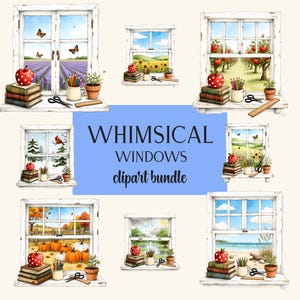 May include: A digital clipart bundle featuring eight illustrations of white windowsills. Each scene includes a stack of books, a red polka-dot apple, a mug of colored pencils, scissors, a ruler, and a potted plant. The text reads WHIMSICAL WINDOWS clipart bundle.